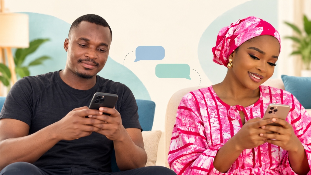 Two people sitting comfortably together on a couch, smiling while messaging on smartphones